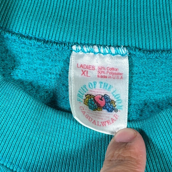 Vintage Fruit of the Loom Teal Turquoise Raglan Sweatshirt XL‎ CasualMade in USA - Picture 8 of 12